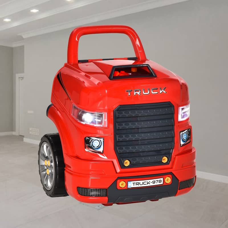 Kids Truck Engine Toy Repair Workshop Set with 61 Pieces, Simulated Sounds, Lights, and DIY Stickers for Ages 3-5 - Red