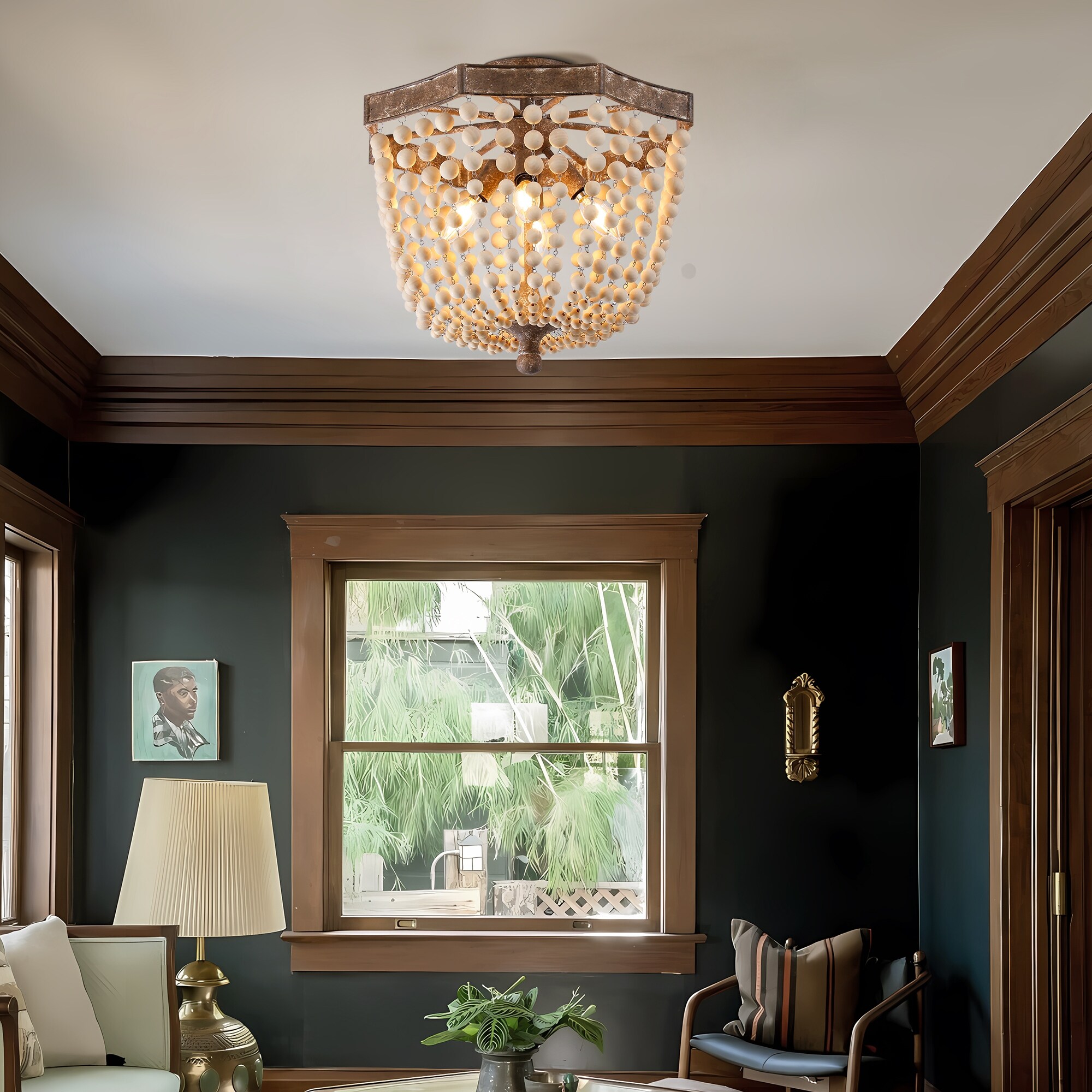 Wood Semi Flush Mount Chandelier Ceiling Light, Traditional Antique Style