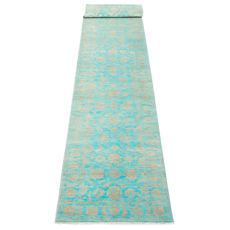 ECARPETGALLERY Hand-knotted Heritage Turquoise Silk, Wool Rug - 2' 7" x 14'
