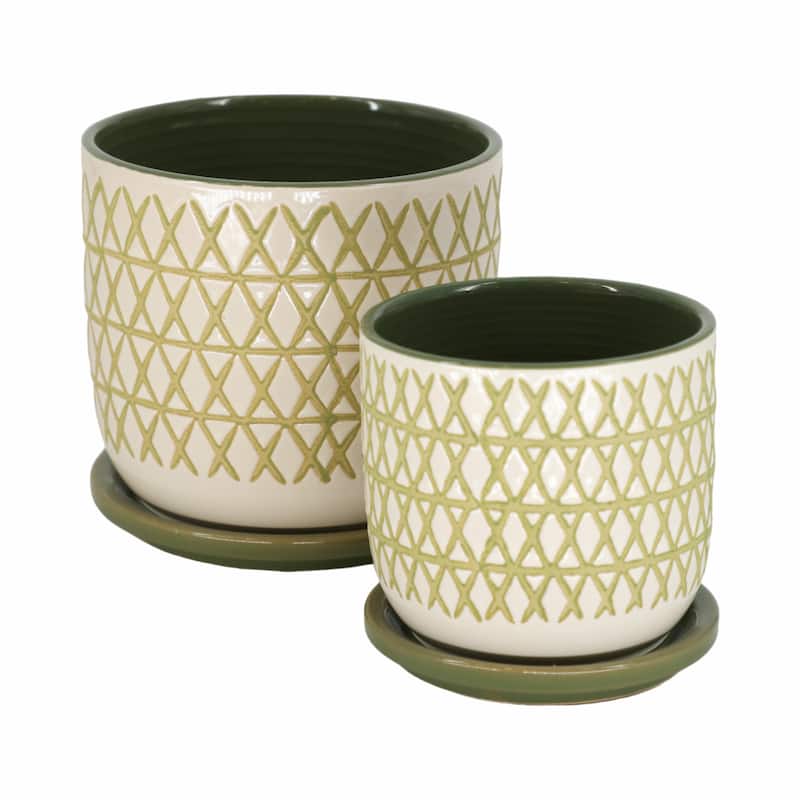 Sagebrook Home Ceramic Planter Set with Saucers - Enhance Your Home Garden - 6" x 6" x 6" - Geometric Green - 6" x 6" x 6"