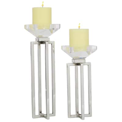 Stainless Steel Metal Geometric Decorative Candle Holder with Diamond Inspired Top - Set of 2 Silver - Roche River Decor