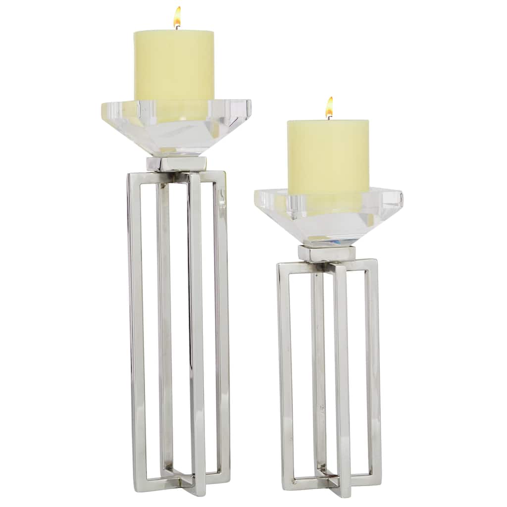 Stainless Steel Metal Geometric Decorative Candle Holder with Diamond Inspired Top - Set of 2 Silver - Roche River Decor