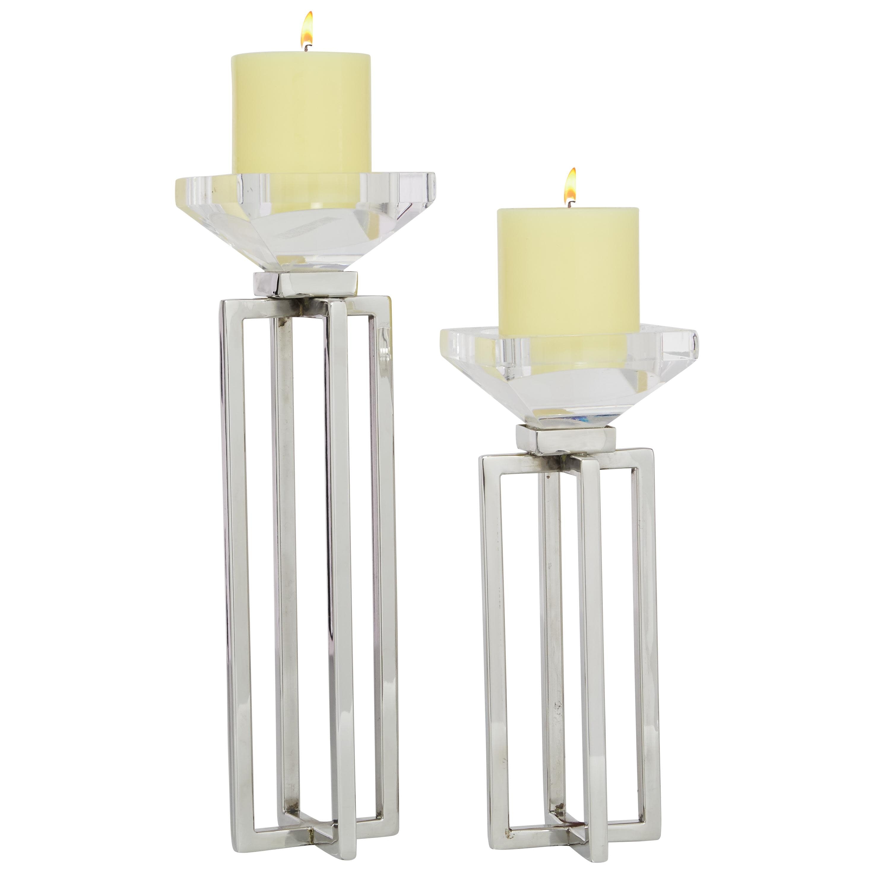 Roche River Decor - Stainless Steel Metal Geometric Candle Holder with Diamond Inspired Top - Set of 2 Silver