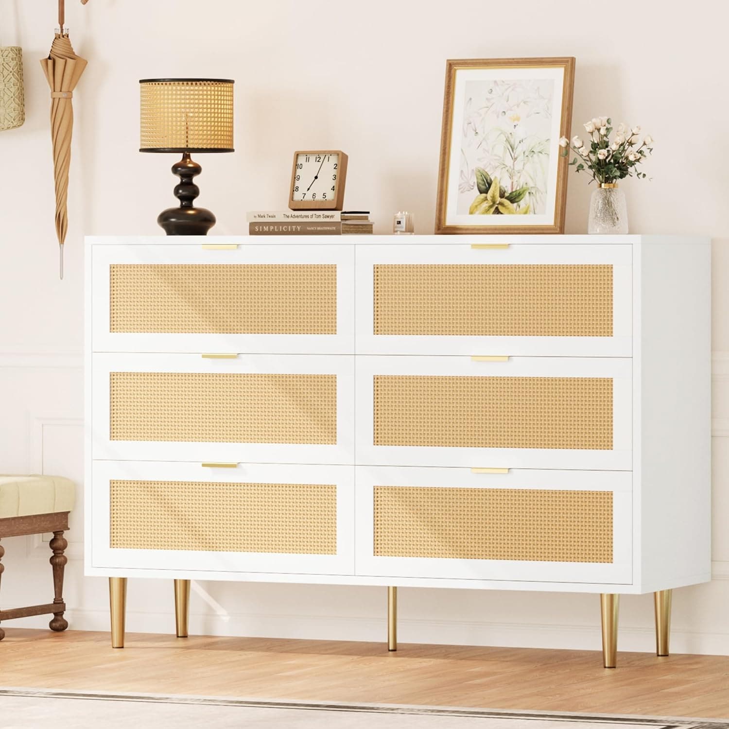 6-Drawer Rattan Dresser, Modern Chest with Gold Legs & Handles, Wide Double Storage, Bedroom, Living Room, White