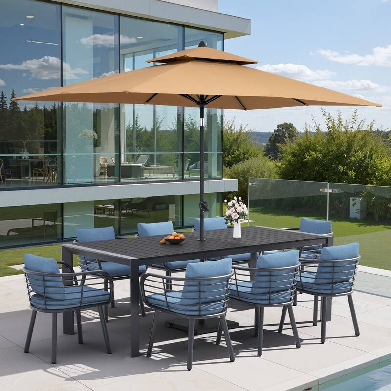 9/11-Piece Outdoor Dining Set w/10 ft Umbrella and Base Aluminum Dining Table and Chairs with Sunbrella Cushions