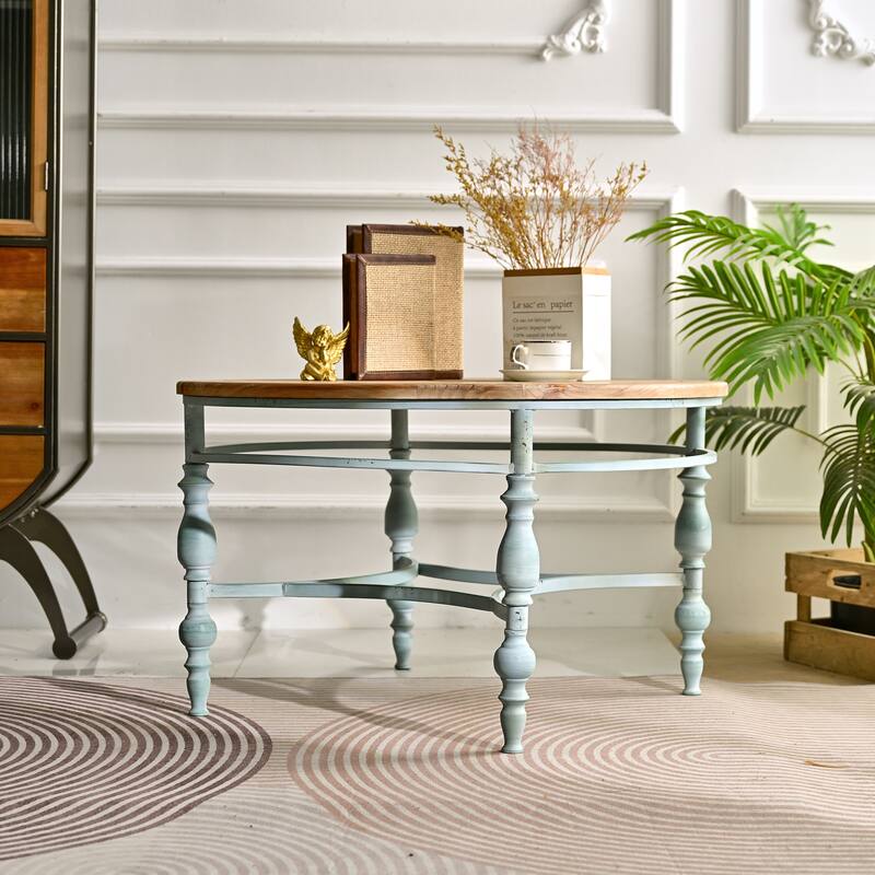 Rustic Wooden Carved Coffee Table with Metal Legs, Side Table Tea Table Center Table Sofa Table End Table