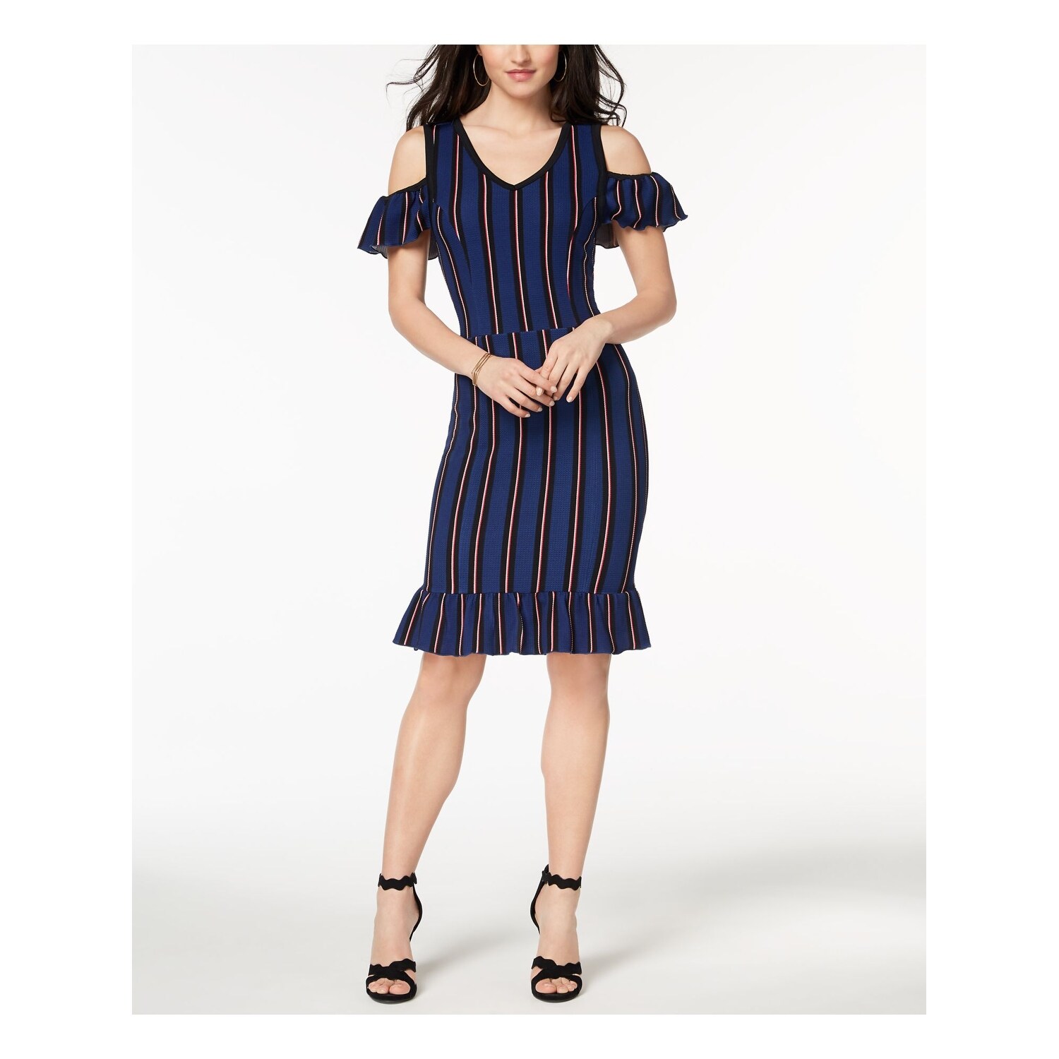 Shop Xoxo Womens Navy Cold Shoulder Striped V Neck Knee Length