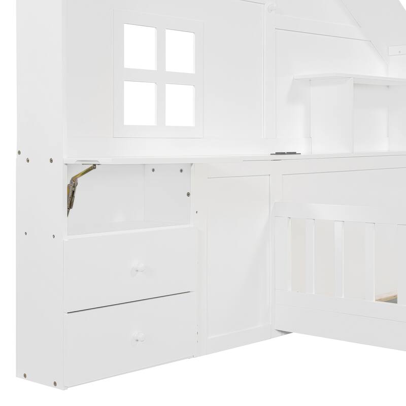 Wooden Floor Platform Bed with House Shape Storage Wingback Headboard, House Bed with USB, Window and Bedside Drawers