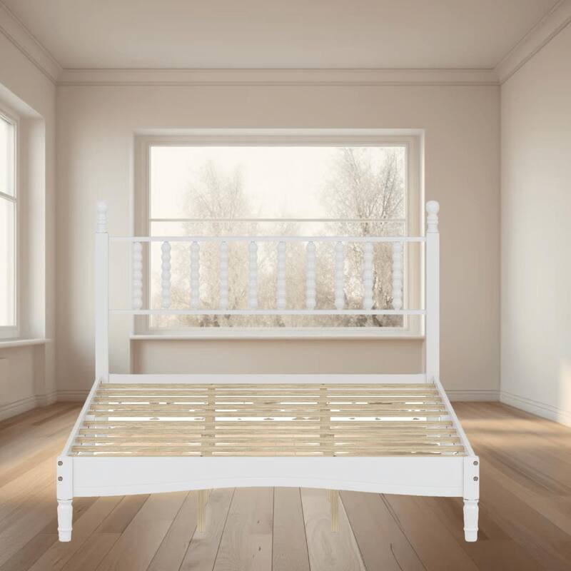 Queen Size Wood Platform Bed with Gourd Shaped Headboard, Retro Style, No Box Spring Needed, Sturdy Wooden Slats for Bedroom - White - Queen