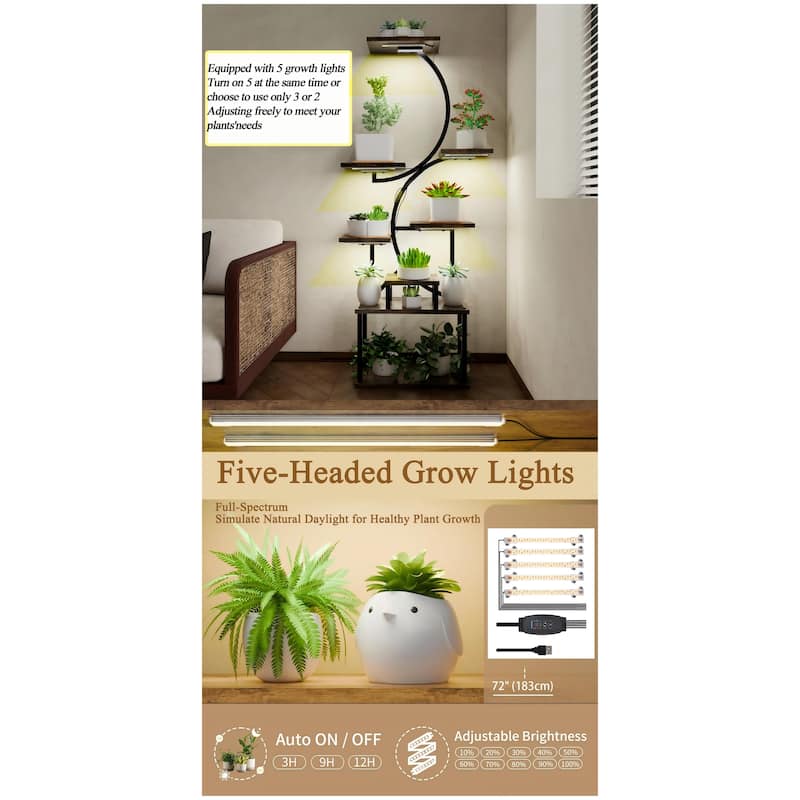 8-Tier Rustic Brown Plant Stand with Grow Lights Indoor Shelf Rack for Living Room Decor - 28.30”L x 10.20”W x 62”H
