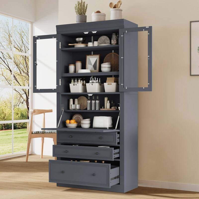 Freestanding 78" Tall Kitchen Pantry Storage Cabinet with Drop-Down Surface and Adjustable Shelves,Power Outlet for Organization