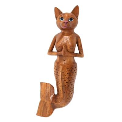 Handmade Mermaid Cat Wood wall sculpture (Indonesia)