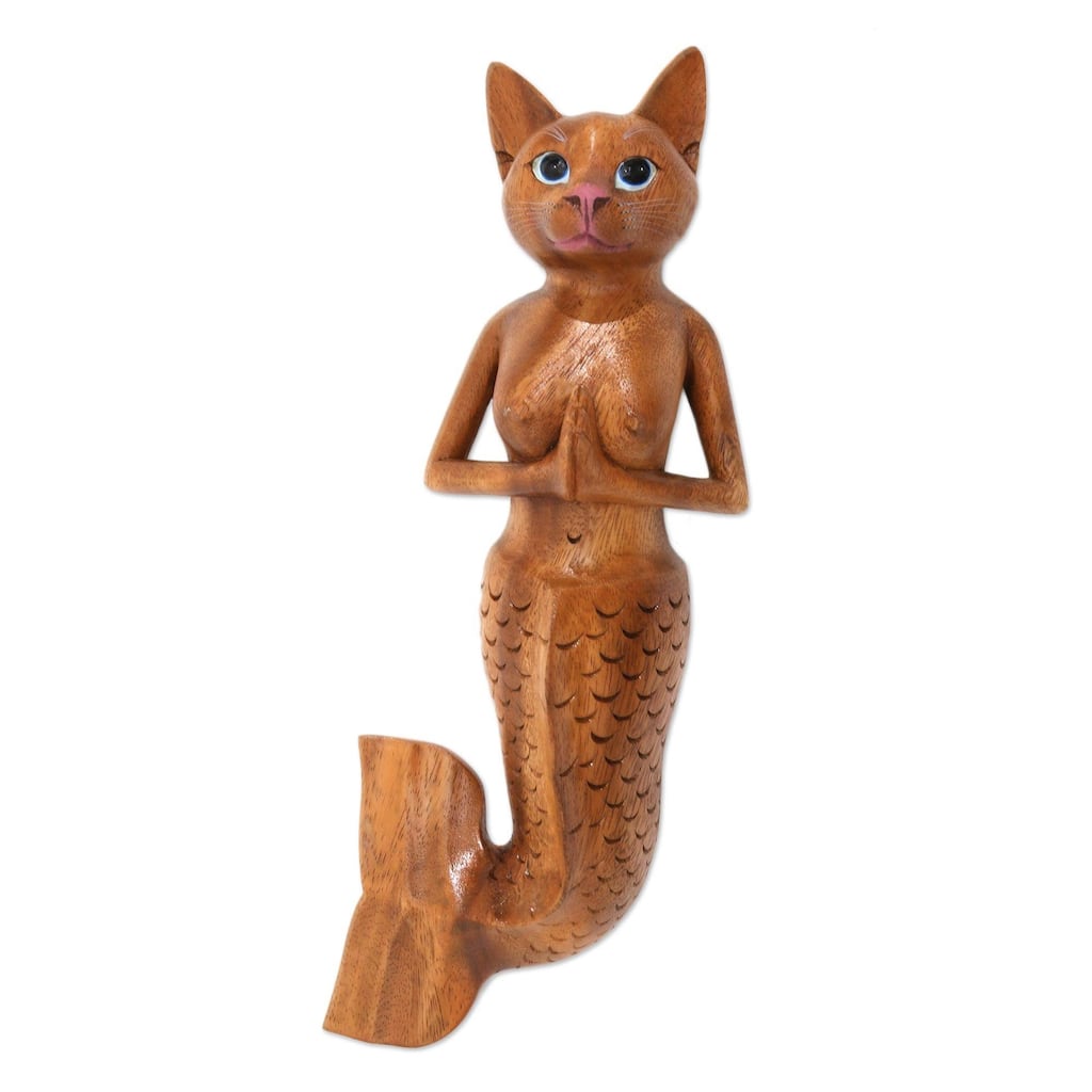 Handmade Mermaid Cat Wood wall sculpture (Indonesia)