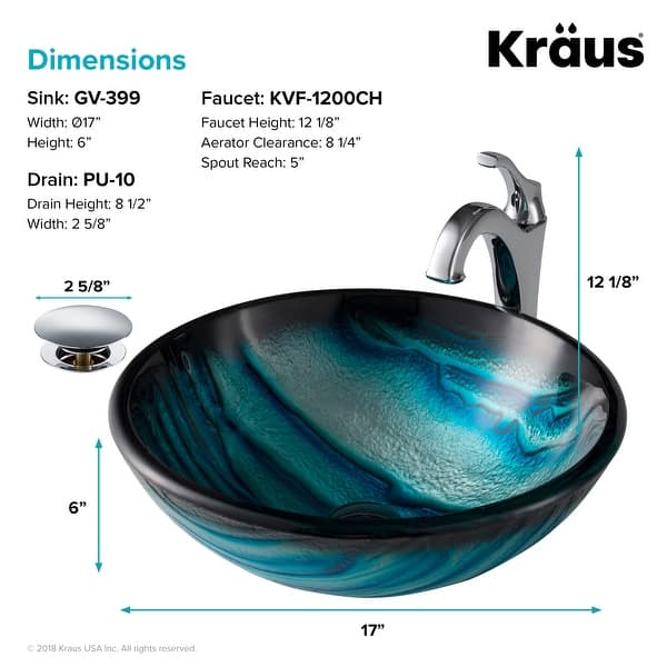 dimension image slide 3 of 5, Kraus Glass Vessel Sink, Bathroom Faucet, Pop Up Drain, Mounting Ring