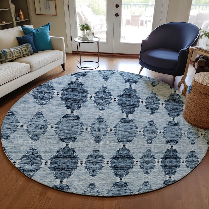 Machine Washable Indoor/ Outdoor Chantille Modern Boho Damask Rug - Blue - 8' x 8'