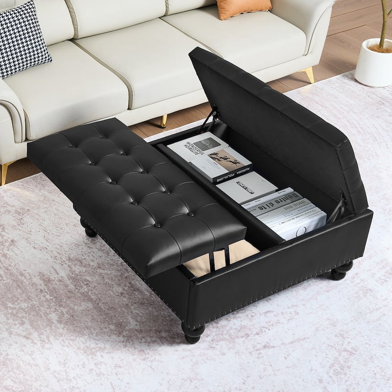 Black Leather Square Storage Ottoman with Lift Top Tufted Coffee Table Bench and Wooden Frame