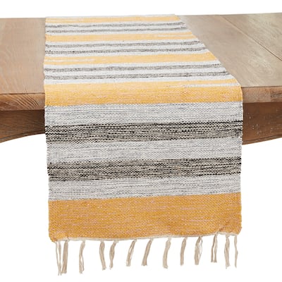 Farmhouse Woven Striped Table Runner with Fringe Detail