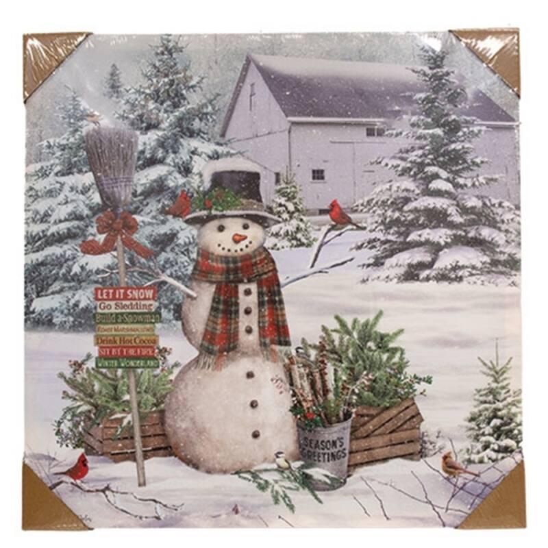 18" Square Festive Snowman Canvas Print with Evergreen Trees and Holiday Seasonal Greetings Decor - 18" H x 18" W x 1" D