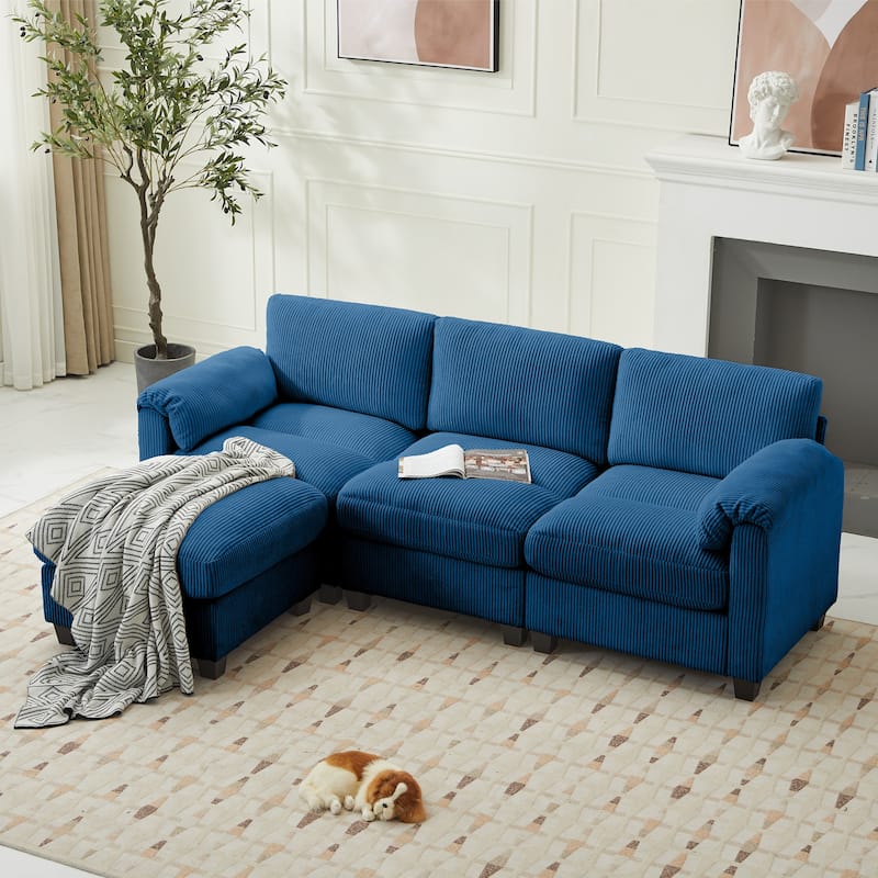 Corduroy Sectional Sofa with a Removable Ottoman, L-shaped Reversible 4-seat Modular Couch
