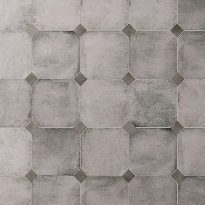 Merola Tile Laverton Octagon Gris with Taco Grafito 7-7/8" x 7-7/8" Porcelain Floor and Wall Tile