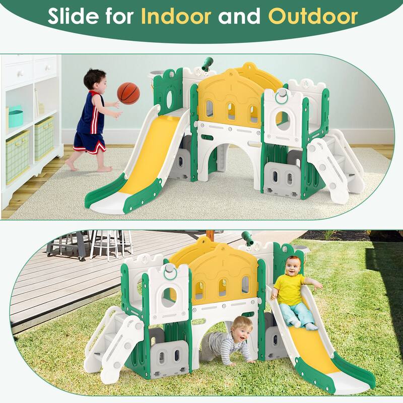 8 in 1 Green+Yellow Toddler Slide, Kids Slide for Toddlers Age 1-3, Outdoor Indoor Slide Playset Toddler Playground
