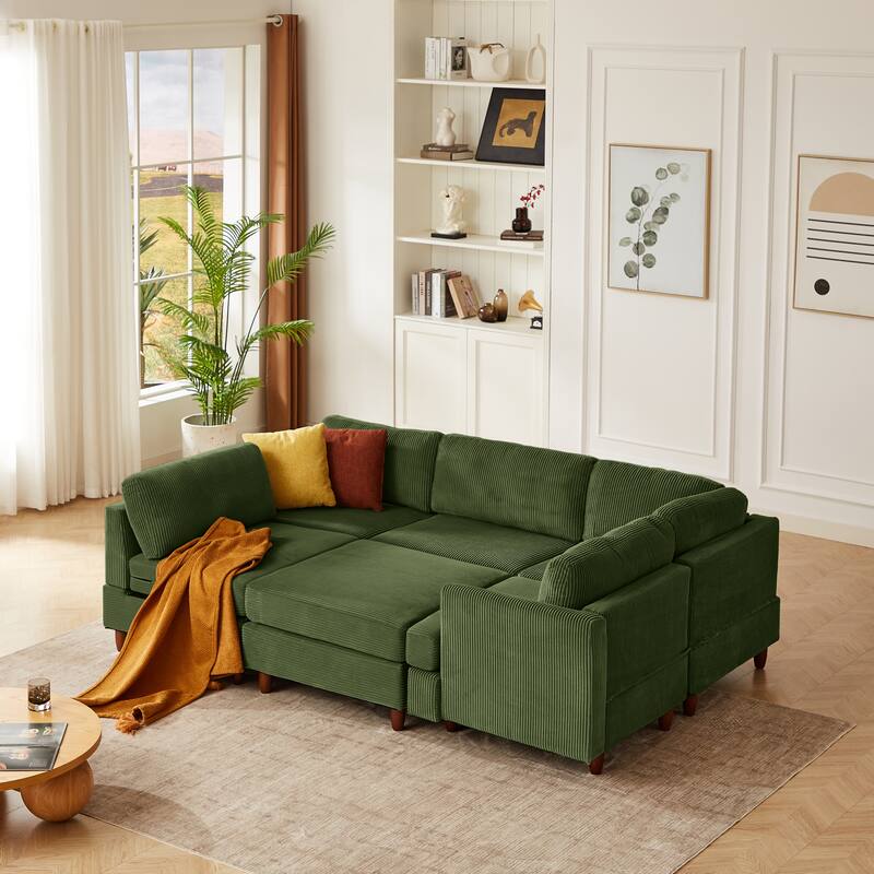 95.6" Modular L Shaped Sectional Sofa, Modern Corduroy Upholstered Convertible Sofa Sleeper Couch with Solid Wood Legs