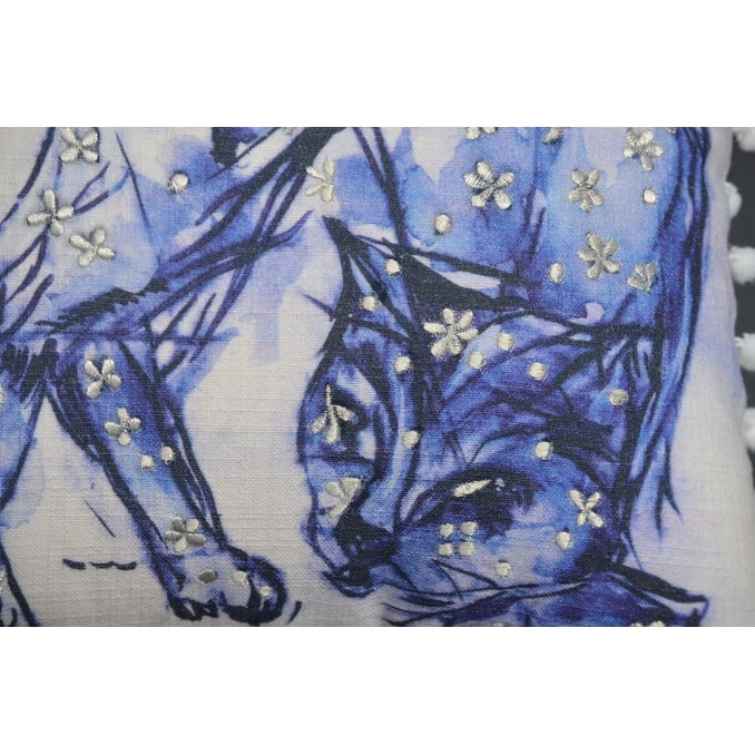 18" X 18" Blue And White Abstract Cat Throw Pillow With Pom Poms