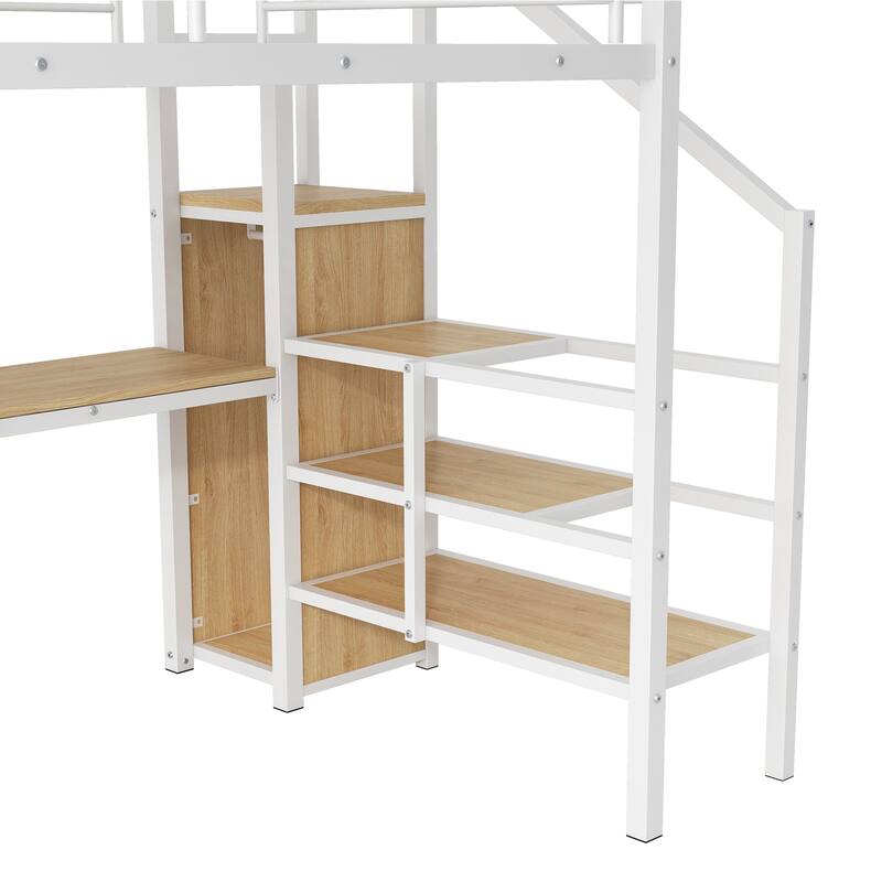 Full Size Metal Loft Bed with Desk, Storage Staircase, Wardrobe, and LED Light, White