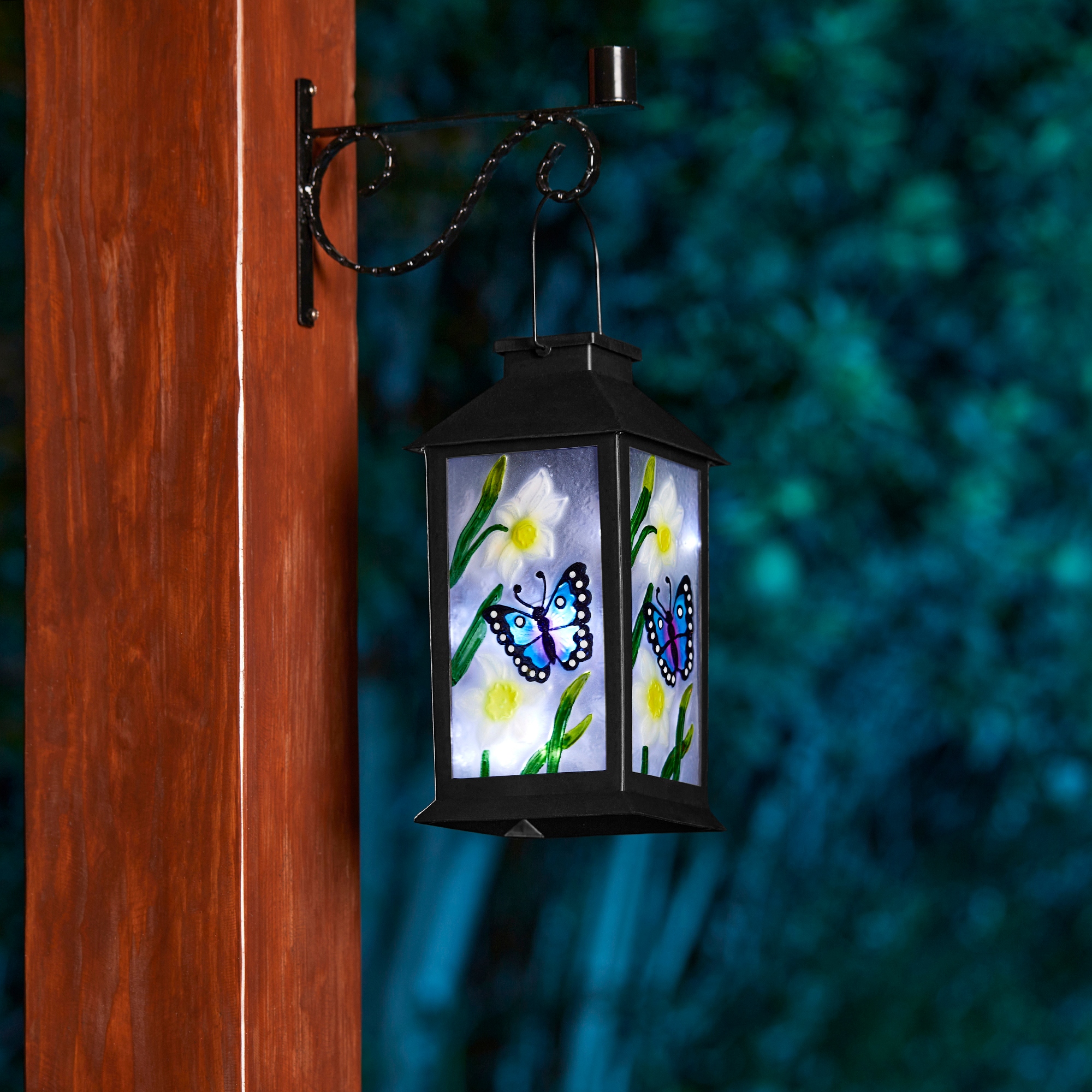 Glitzhome 11 H Stylish Textured Glass with Butterfly and Flower Pattern Solar Powered Hanging Lantern