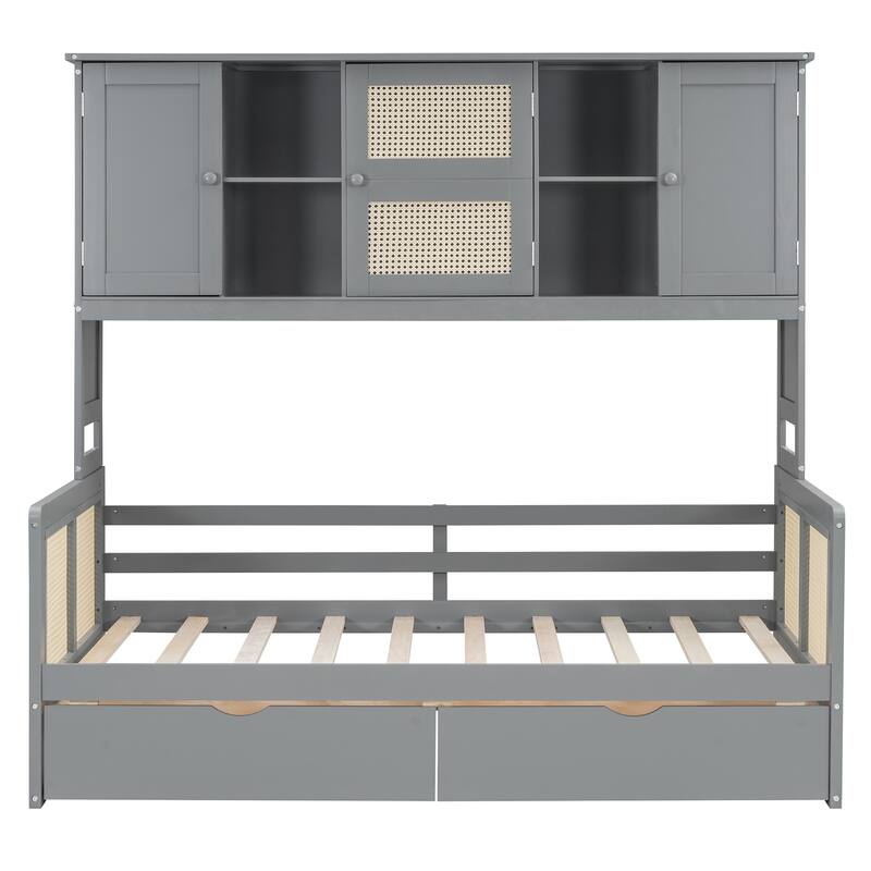 Twin Daybed with Storage Drawers, Cabinet, and Shelf, Sturdy Wood Construction