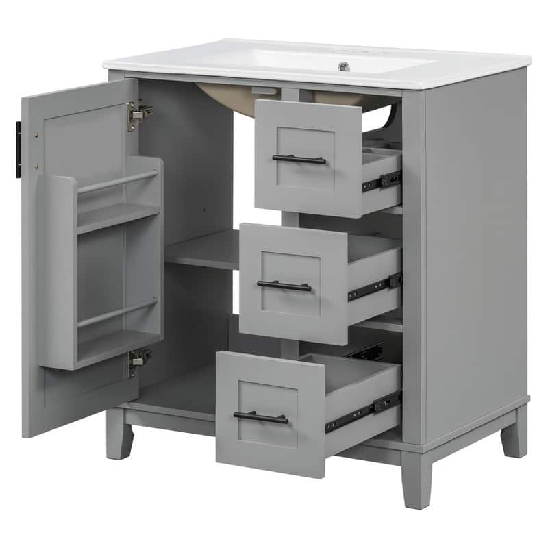 30" Bathroom Vanity with Ceramic Sink, Storage racks, 3 drawers, Soft-close hinges