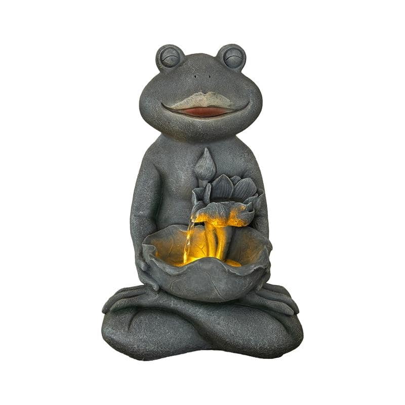 Outdoor Meditating Frog Water Fountain with Lotus Accents 18.9in Tall and Lights