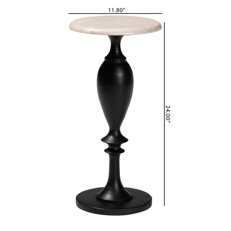 Perlita End Table with Marble Stone Top - Sculpted Pedestal Accent Side Table for Living Room or Entryway