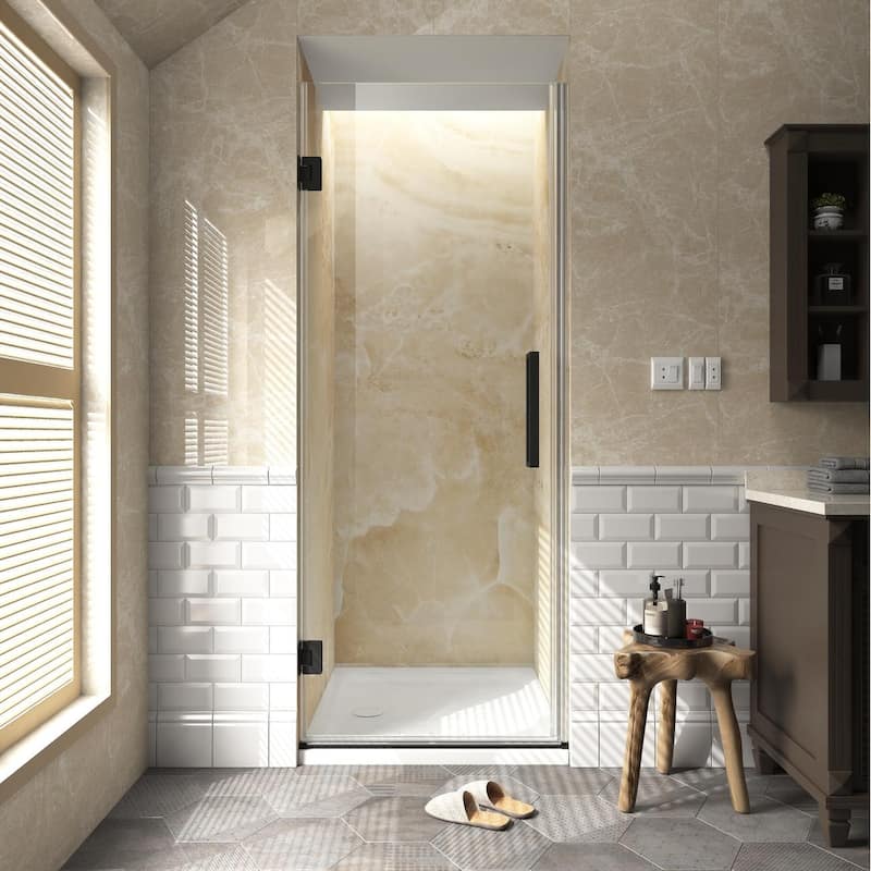 FELYL 29" W x 72" H Hinged Frameless Shower Door with Heat Soaking Process and Protective Coating Clear Glass
