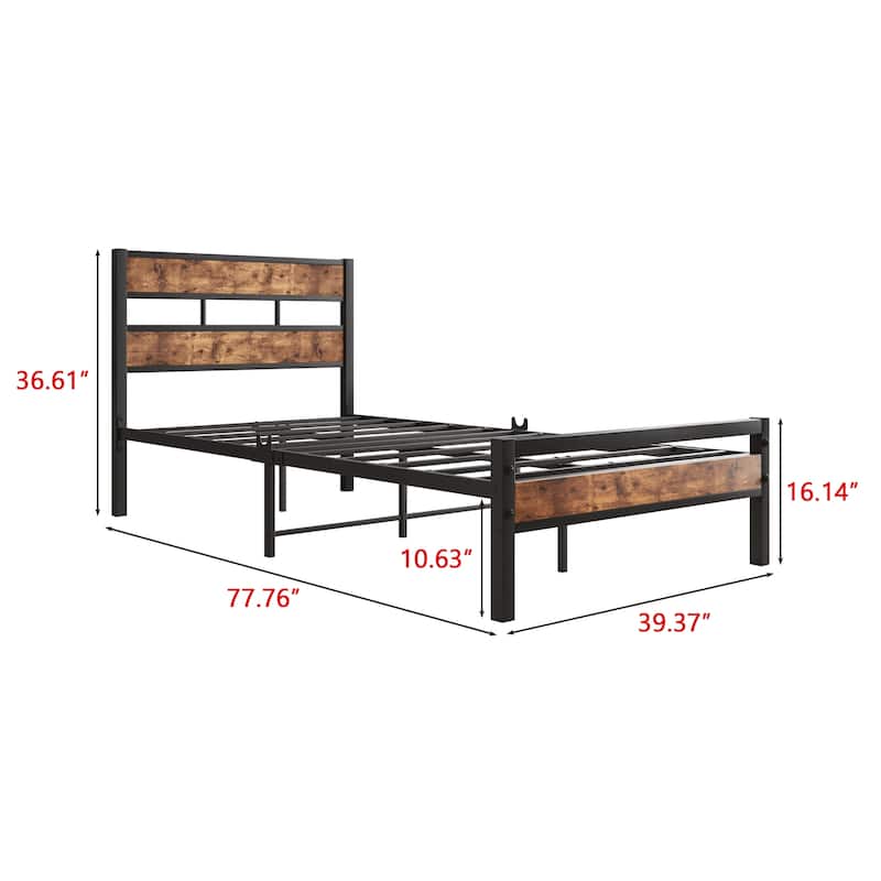 Metal Bed Platform Bed Frame w/Rustic Vintage Wood Headboard & Footboard, Metal Slats Support, No Box Spring Needed, Noise-Free