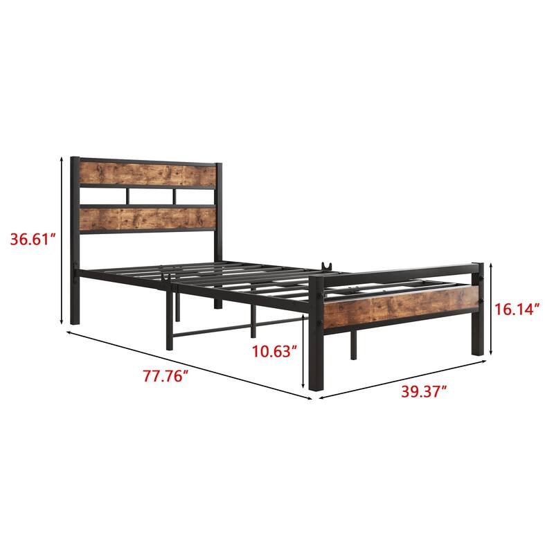 Twin Size Platform Bed Frame with Rustic Wood Headboard, Strong Metal Slats, No Box Spring Needed