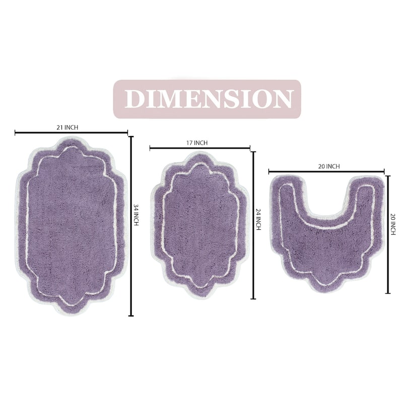 Allure Collection 100% Cotton Non-Slip Bathroom Rug Set, 3 Piece Machine Washable- Bathroom Rug, Bath Rug, U Shaped Contour