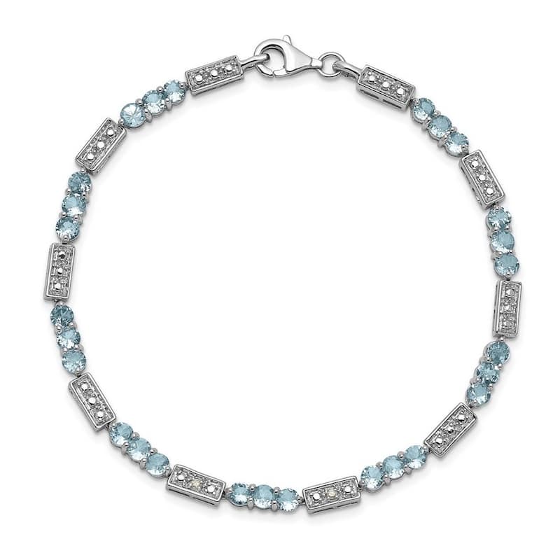 Curata 925 Sterling Silver Rhodium Vintage Aquamarine, Tanzanite or Sapphire and Diamond Bracelet - Aquamarine - White