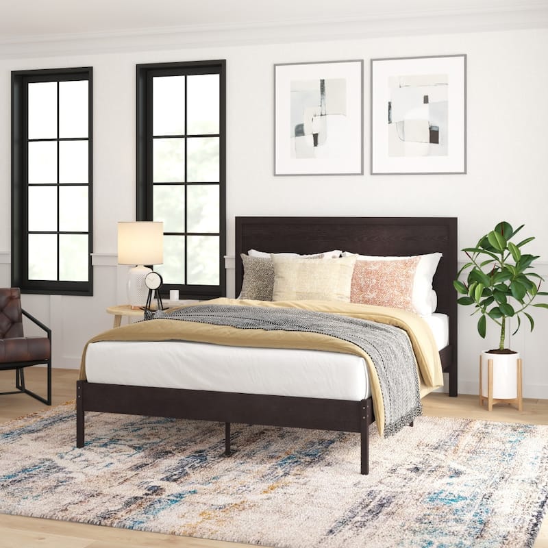 Solid Wood Platform Bed with Headboard and Wooden Slats - Dark Brown - Queen