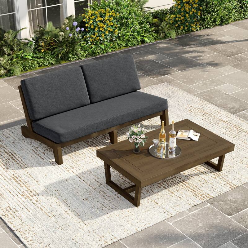 3 Seat Wood 64" W Cushioned Outdoor Patio Sofa with Coffee Table - Natural Wood - Dark Grey