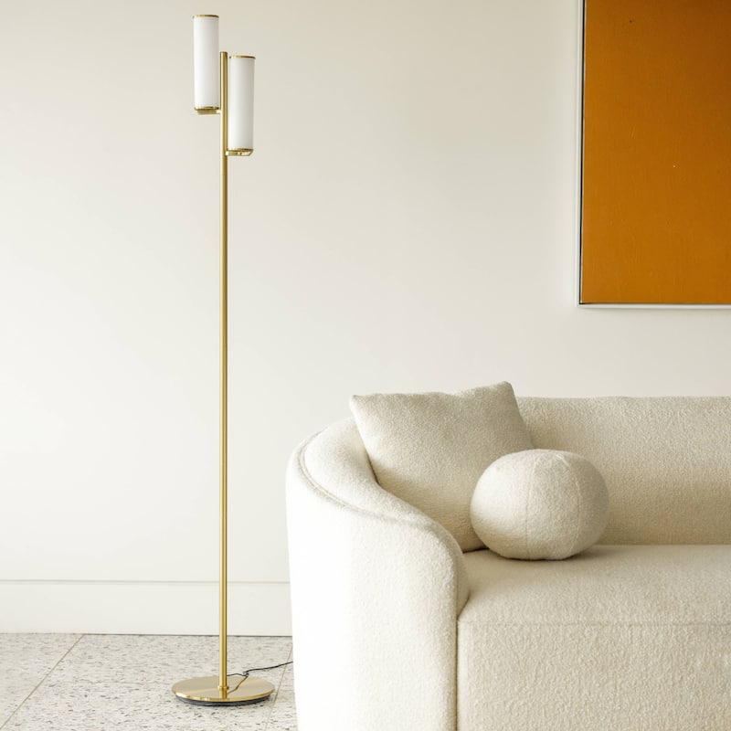 Brightech Gemini 64 in. Antique Brass Industrial 2-Light 3-Way Dimming LED Floor Lamp with 2 Frosted White Glass Cylinder Shades