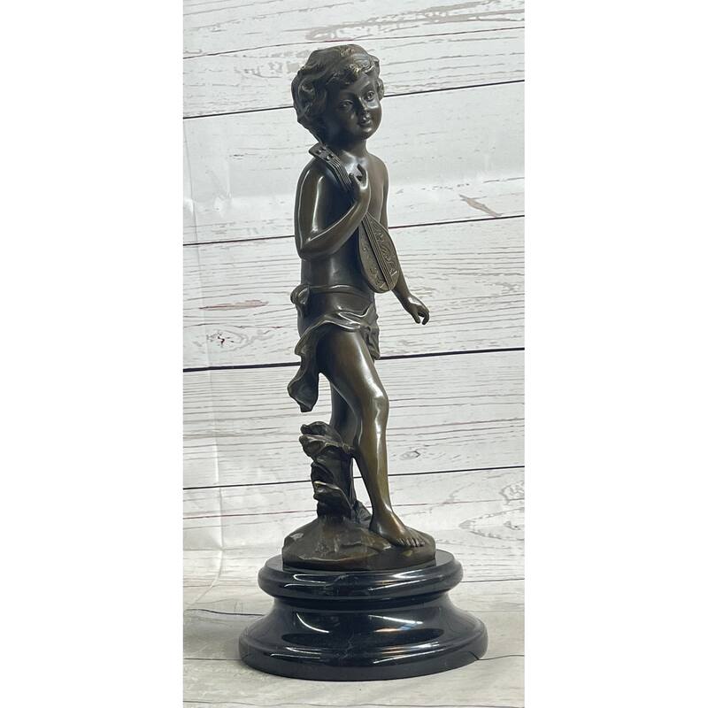 Signed Moreau Young Boy With Banjo Music Musician Clic Bronze Sculpture