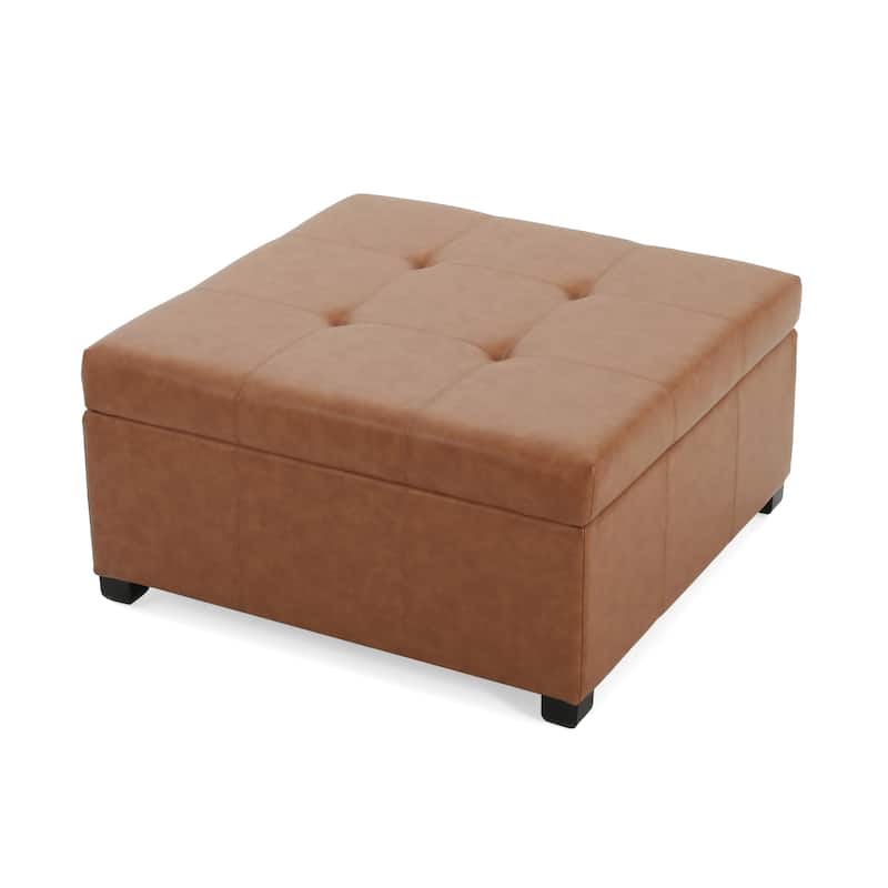 Roomfitters Carlsbad Faux Leather Tufted Storage Ottoman, Upholstered Coffee Table Footrest with Hidden Storage, Brown+Tan
