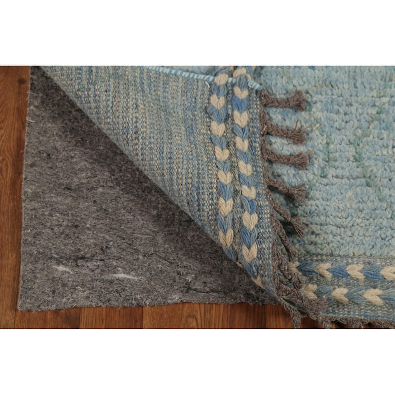 Light Blue Striped Moroccan Modern Runner Rug Hand-Knotted Wool Carpet - 3'0"x 15'8"