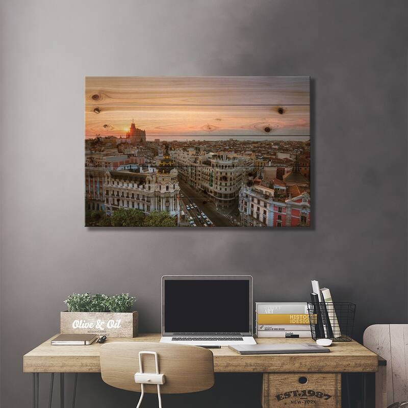 Sunset Over Madrid, Spain Print On Wood by Matteo Colombo - Multi-Color