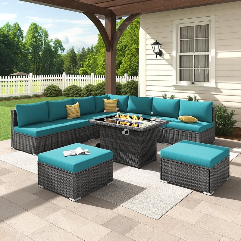 FINCATI 10-Piece Outdoor Wicker Sectional Furniture Set with Fire Pit Table for Backyard Patio - 10 PCS