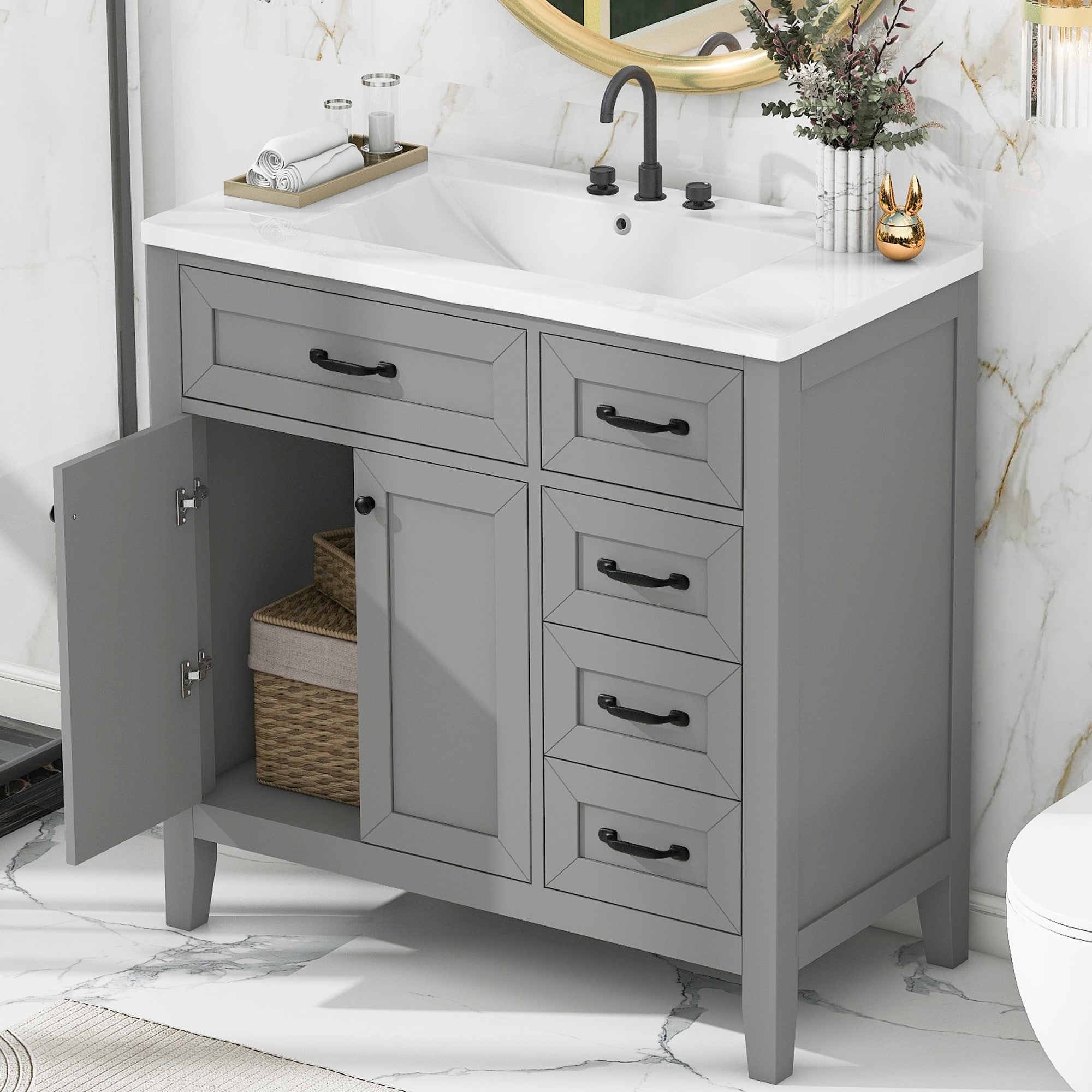 36" Bathroom Vanity with Sink Combo, Gray Bathroom Cabinet with Drawers, Solid Frame and MDF Board