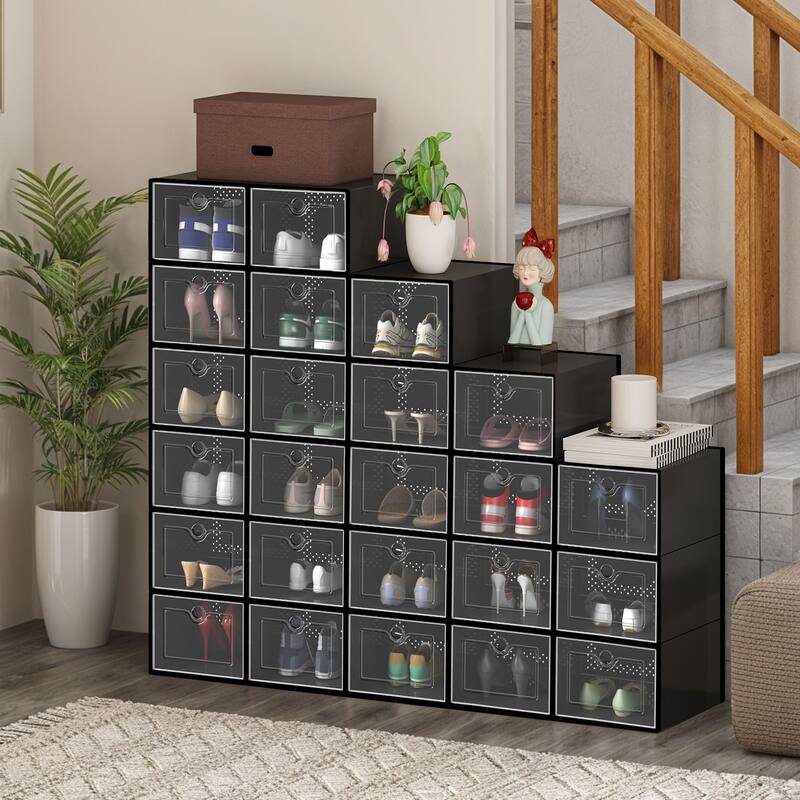 Shoe Storage Boxes 24Pcs Stackable Plastic Sneaker Organizer Transparent Case - 24件 - Black