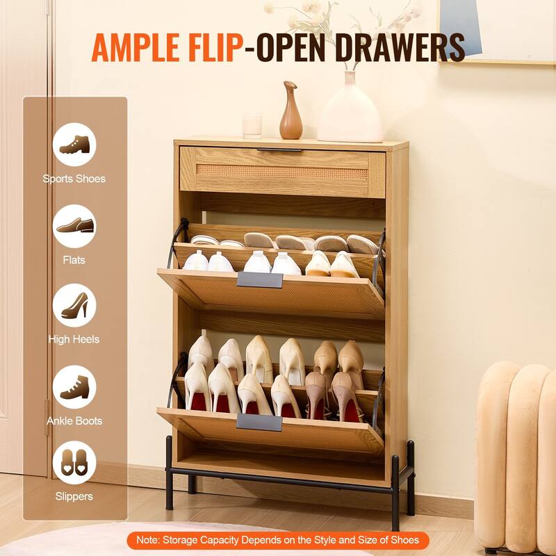 Modern Rattan Shoe Cabinet Narrow Wood Entryway Storage with Flip Drawers and Metal Legs - 25.47 x 10.35 x 40.47 inches