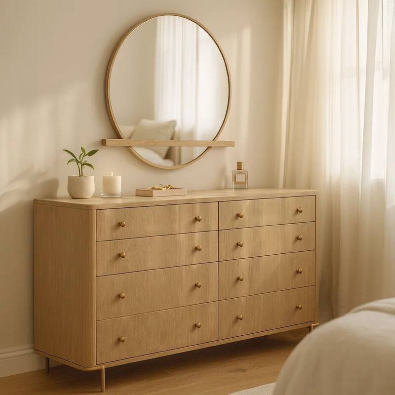 Fij Wide Dresser with Mirror, 8 Drawers, Sand Wash Brown, Brass Knobs